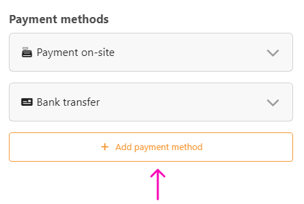 In the »payment methods« section, an arrow points to the button »add payment method«.