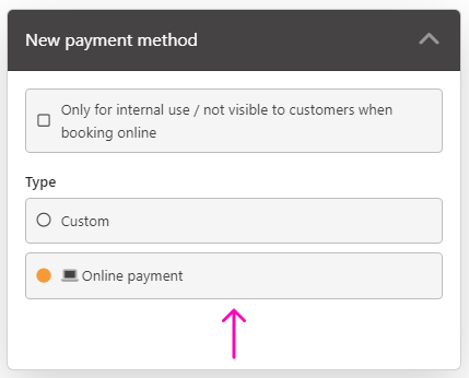 In the »new payment method« section, an arrow points to the »online payment« button.